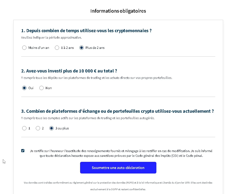 Fausse page impots.gouv.fr : auto-déclaration des actifs cryptographiques avec questions de profilage