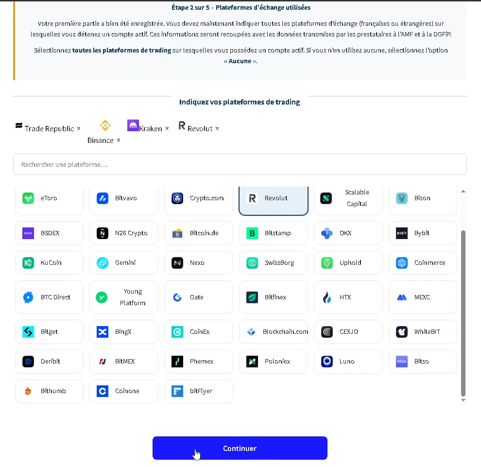 Étape 2 : sélection des plateformes d'échange (Binance, Kraken, Revolut, Trade Republic)
