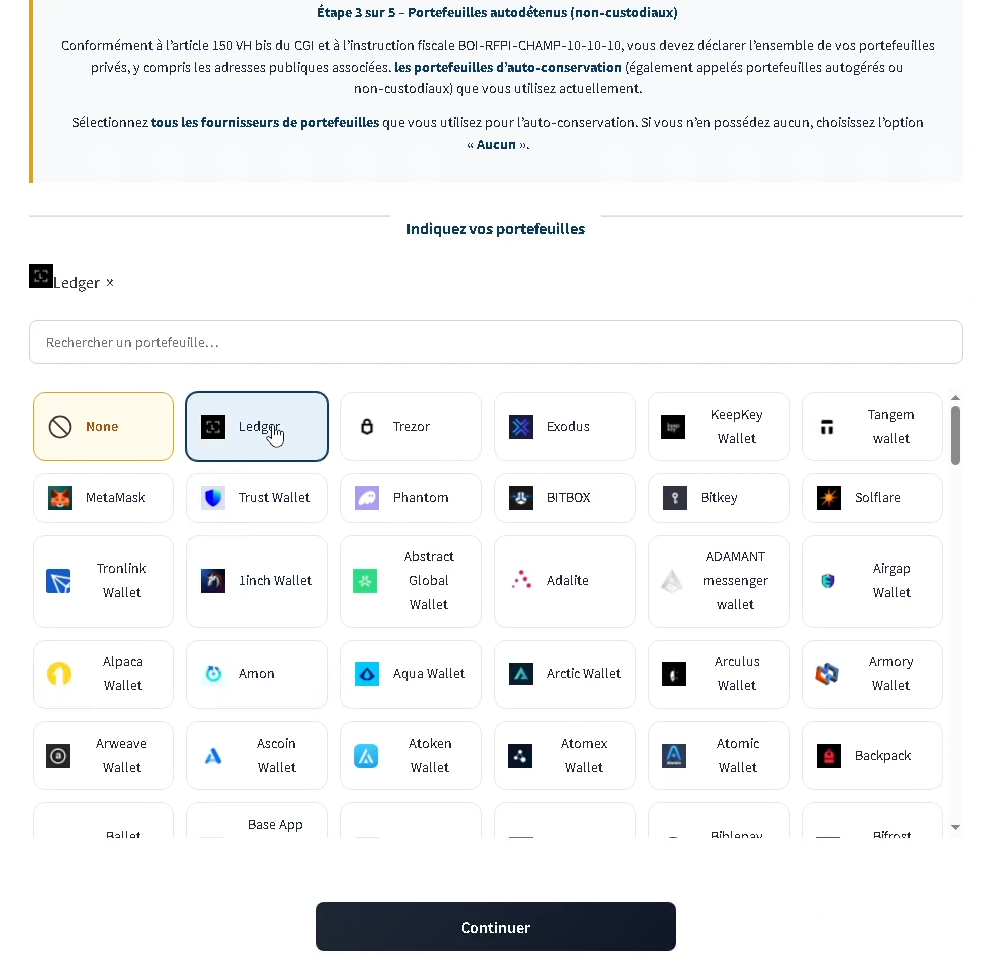 Étape 3 : sélection du wallet Ledger parmi les portefeuilles non-custodiaux