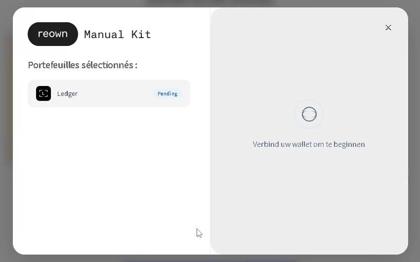 Modale WalletConnect/Reown avec Ledger en attente et un texte en néerlandais
