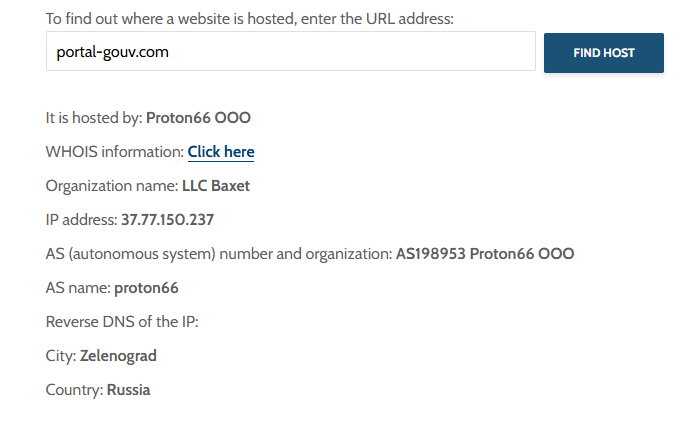 Hébergement de portal-gouv.com : Proton66, AS198953, Zelenograd, Russie